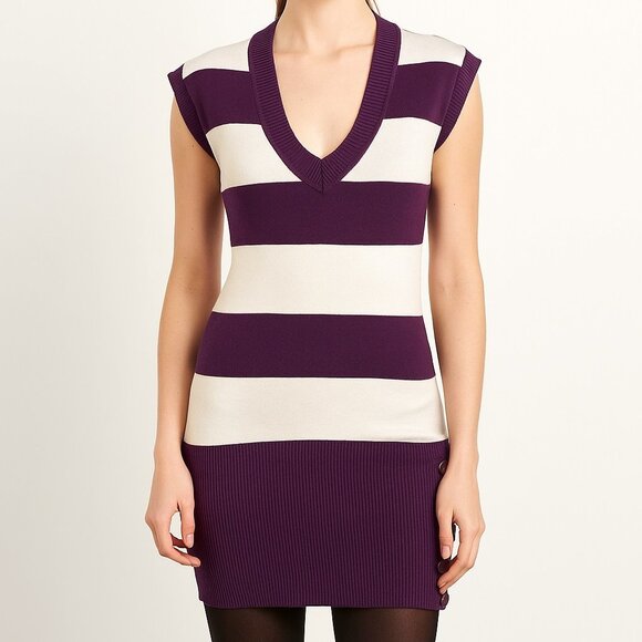 Striped Long V-Neck Knit Sweater Top Cap Sleeve SMALL SAY WHAT - Picture 1 of 8